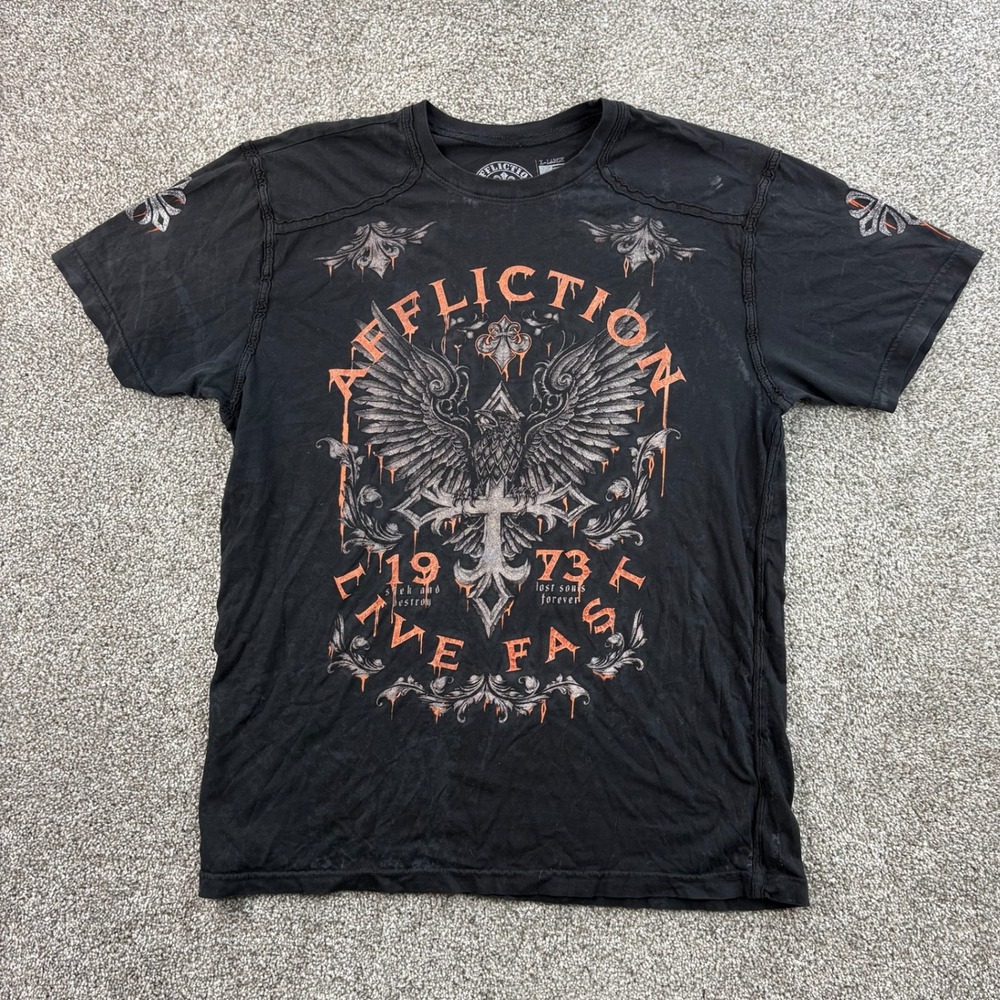 Affliction Shirt Mens XL Black Cotton Live Fast Eagle Cross Y2K Biker MMA